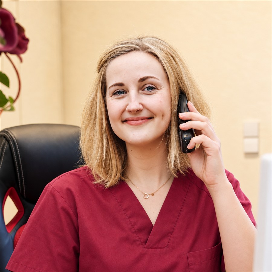 Anne mit Telefon an der Rezeption der Zahnarztpraxis Landlächeln